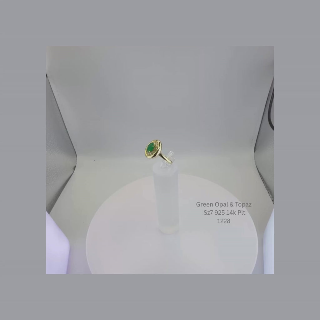 Natural Green Opal & White Topaz Ring Sterling Silver with 14K Gold Plating
