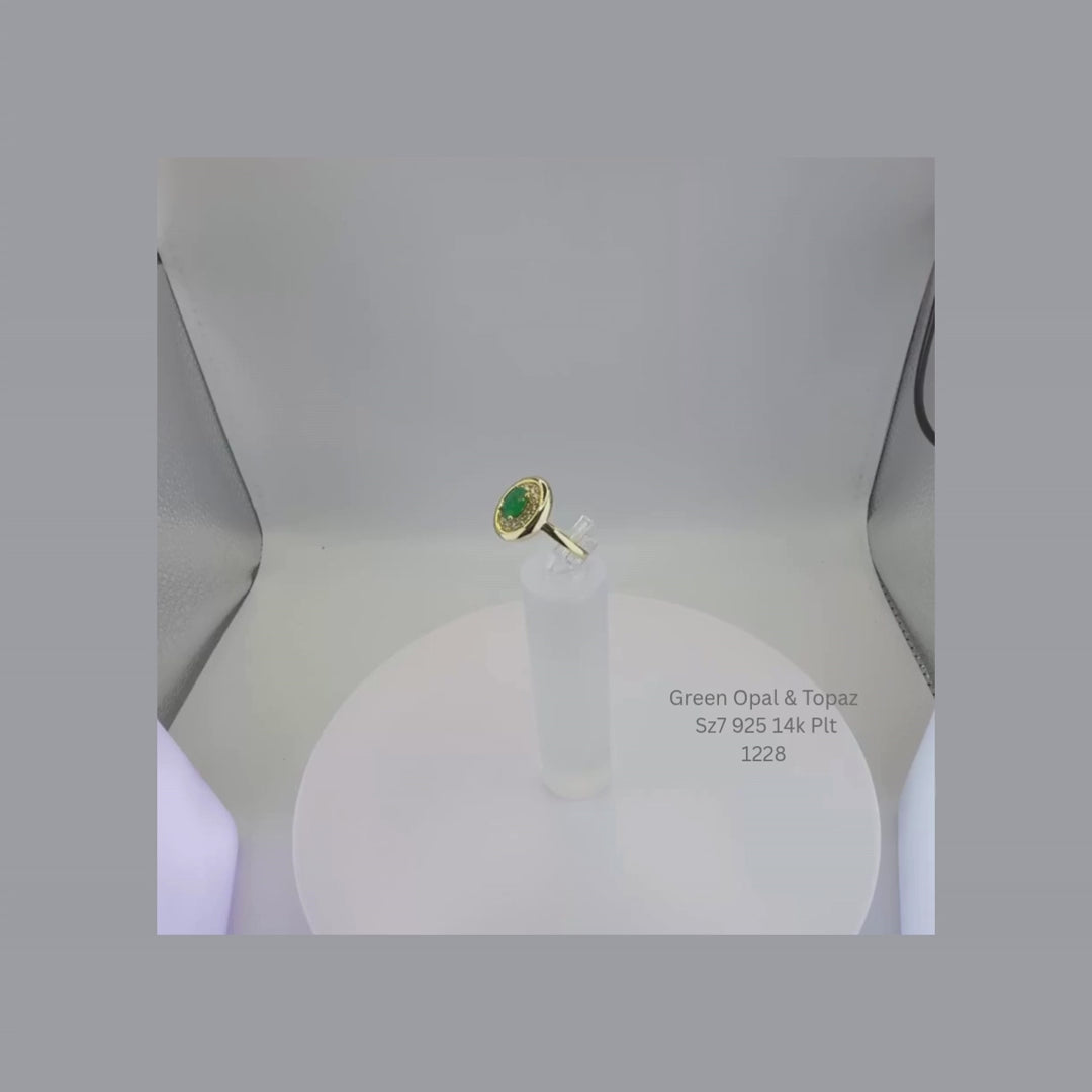 Natural Green Opal & White Topaz Ring Sterling Silver with 14K Gold Plating