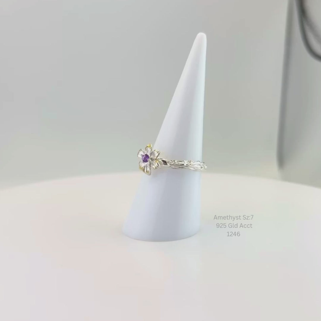 Natural Amethyst Flower Ring Size 7 925 Sterling Silver 14K Gold Accents