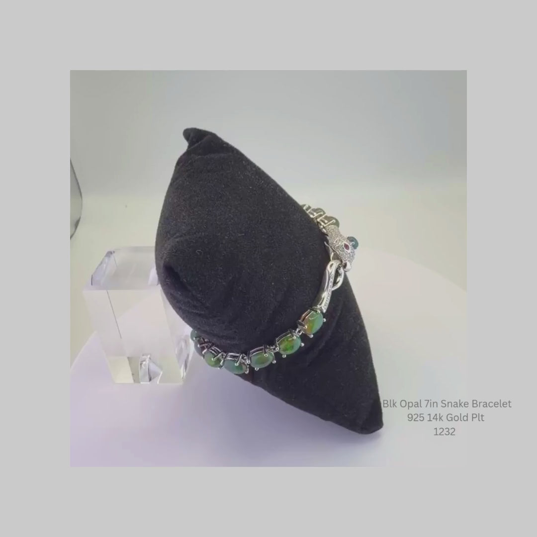 Natural Black Opal Snake Bracelet Sterling Silver with 14K Gold Plating
