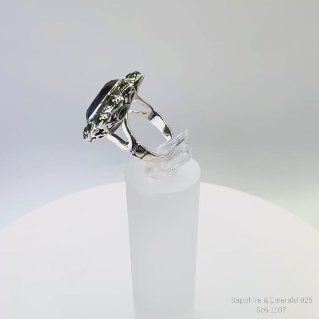 Handmade Sapphire Emerald Halo Ring 925 Sterling Silver Size 6 Jewelry Making Su