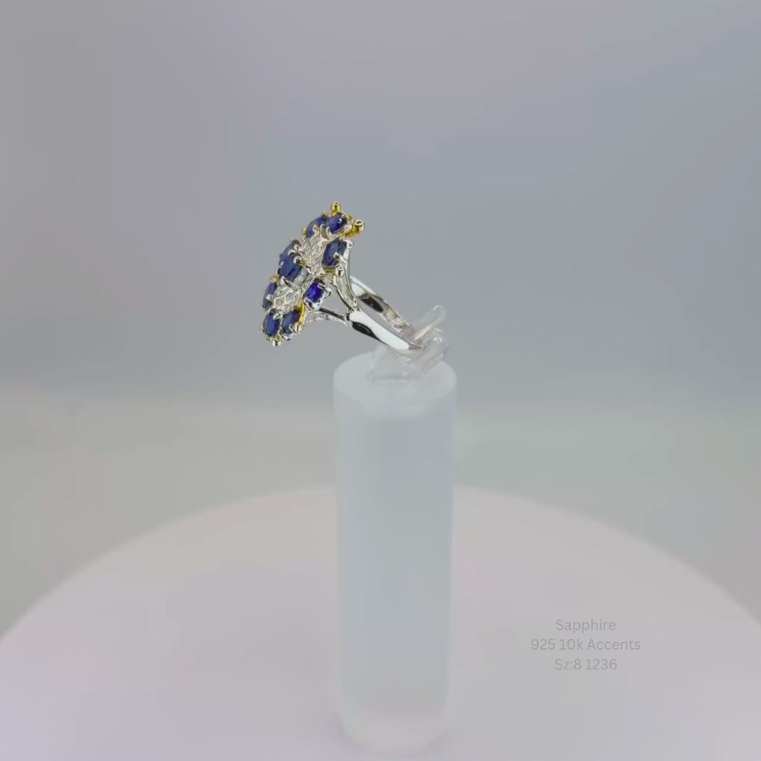Natural Sapphire Cluster Ring Sterling Silver with 10K Gold Accents